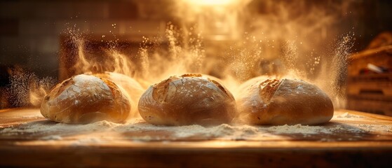 In the early morning, a home bakery crafts artisan bread with rustic loaves emerging from the oven and steam rising