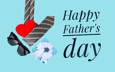 Happy Father's day banner on blue background with male fashion, greeting card background idea, gift for dad