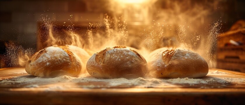 In the early morning, a home bakery crafts artisan bread with rustic loaves emerging from the oven and steam rising