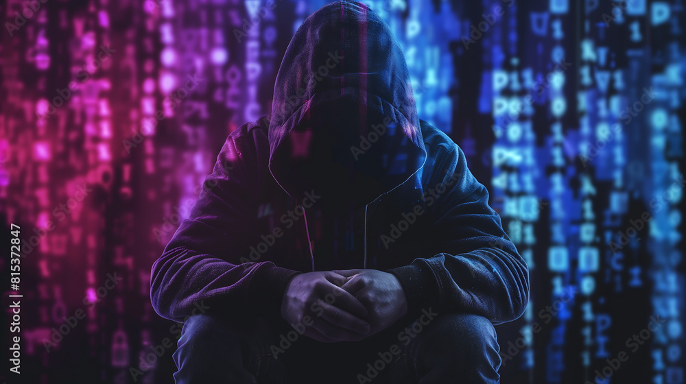 Poster cyber security concept, hacker in a hoodie sitting with his arms crossed, dark room background full 
