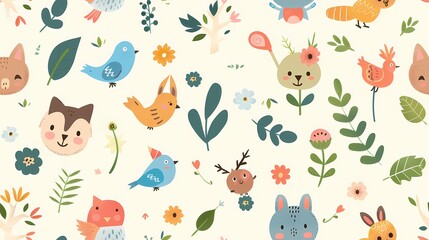 An adorable pattern of animated animals and nature elements