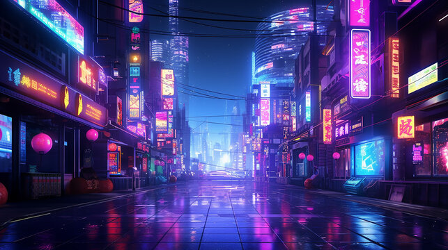 Fototapeta A cyberpunk city street with neon lights and skyscrapers