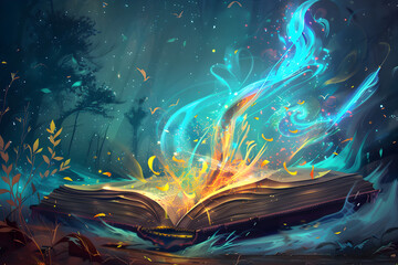 Illustration of a magical book that contains fantastic stories - a perfect image for book covers, storybook illustrations, and fantasy literature promotions.