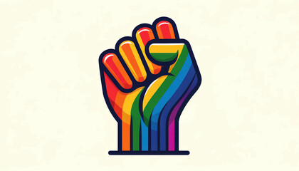 A rainbow-colored hand with a fist raised up in a powerful, symbolic gesture.