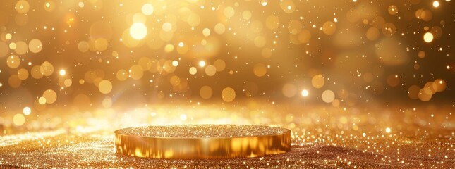 Gold podium on glitter background with golden light effect. Mockup for product presentation, luxury gold award pedestal mock up