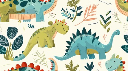 Cheerful dinosaur illustrations in a playful colorful jungle setting