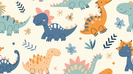 Obraz premium Cheerful dinosaurs in a whimsical colorful pattern