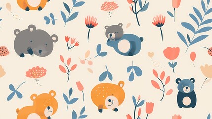 Colorful bear patterns with floral designs on a pastel background