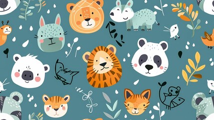 Colorful cartoon animals and plants on a teal background