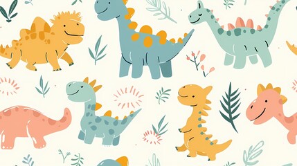 Colorful cartoon dinosaurs frolic among plants