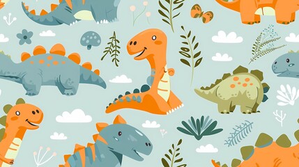 Naklejka premium Colorful cartoon dinosaurs frolic among plants and clouds