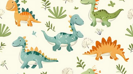 Colorful cartoon dinosaurs frolic among plants on a whimsical pattern