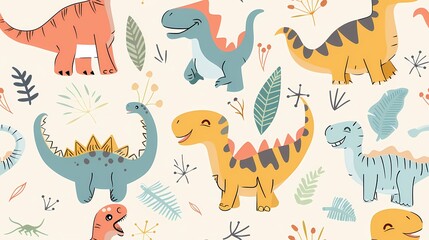 Colorful cartoon dinosaurs frolicking amidst playful foliage