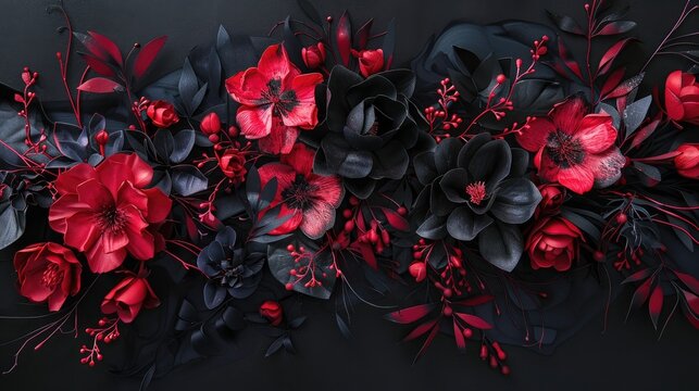 Celebrate the essence of love with a stunning arrangement of abstract black and red flowers set against a deep black backdrop Delicate pink blooms accentuate the scene while soft pink leave