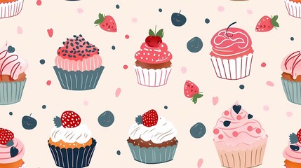 Colorful cupcakes and berries pattern on a cream background