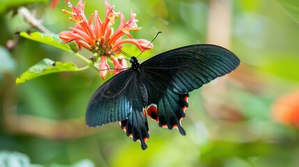 A stunning close-up captures a black butterfly with striking red markings resting on attractive orange flowers amidst a green backdrop