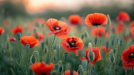 Naklejka premium The field is adorned with vibrant poppy blossoms
