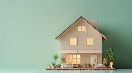 Three-dimensional cardboard house set against a mint background available for purchase or rent in the suburban real estate market