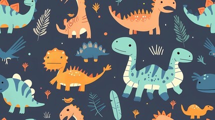 Colorful dinosaurs and plants on a dark background