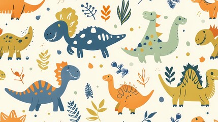 Colorful dinosaurs frolic among playful foliage