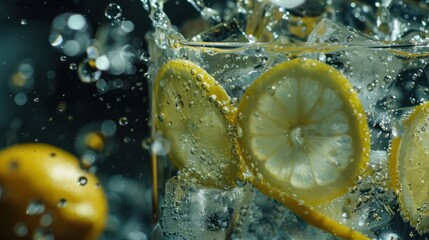 Dynamic image capturing the motion of lemon slices and water with a cascade of bubbles and splash