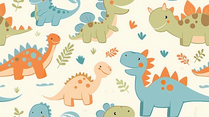 Colorful dinosaurs frolic in a playful child friendly pattern