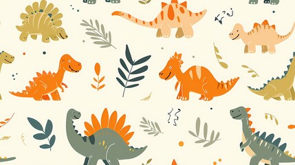 Colorful dinosaurs frolic in a whimsical pattern