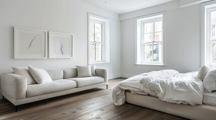 Fototapeta premium Minimalist bedroom interior with a soft bed and modern sofa isolated on a white background to create a clean aesthetic for commercial home design projects.