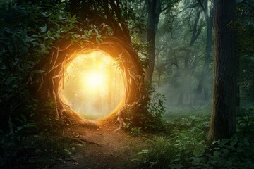 A magical forest clearing with a shimmering portal to another realm