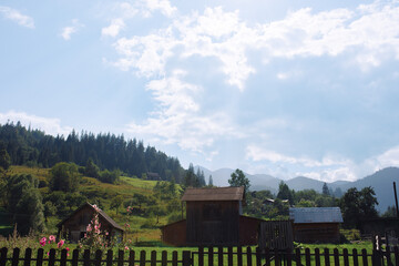 Wooden hotel in Carpathian mountains. Location: Zakarpattya region, Ukraine