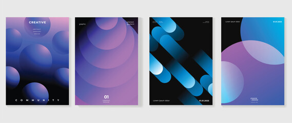 Abstract gradient background vector set. Minimalist style cover template with vibrant perspective 3d geometric prism shapes collection. Ideal design for social media, poster, cover, banner, flyer.