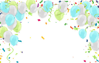Happy birthday background with colorful balloons and confetti. Vector illustration.