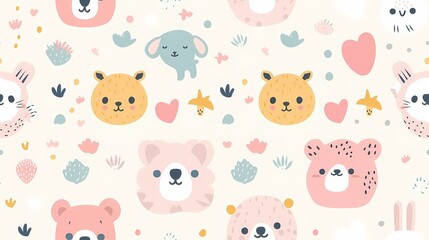 Colorful pattern of adorable animal illustrations and cute elements