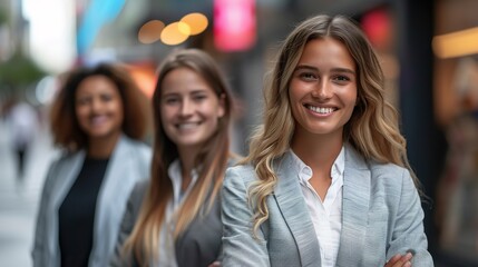 Fototapeta premium A group of professional women in business attire standing together on a bustling city street, engaged in conversation