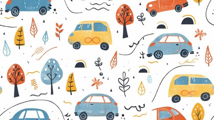 Colorful pattern of whimsical cars and trees in a playful abstract landscape