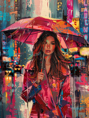European elegance in the rain: female model strolls with umbrella in hand