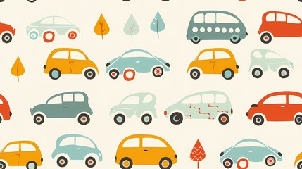 Colorful retro cars and leaves pattern