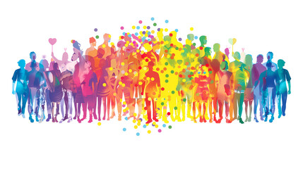 A happy pride parade is standing together with colorful confetti, vivid colorful rainbow watercolor on a transparent background. Isolated decorating elements for Pride month background design.