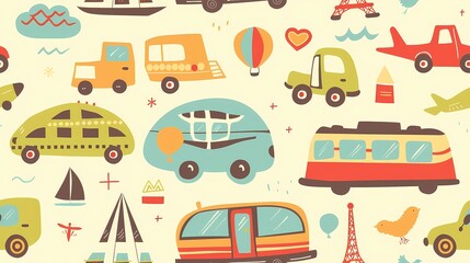 Colorful retro style transportation pattern with whimsical vehicles and landmarks
