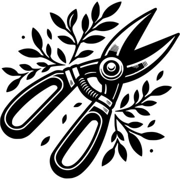 recommend clip art: Garden hand pruner for trimming shrubs in monochrome. Trimming branches and leaves with garden shears. Simple minimalistic vector in black ink drawing on transparent background