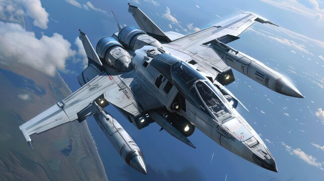 A sleek, white starfighter jet with blue accents is shown soaring at high altitude with engines blazing against a clear blue sky