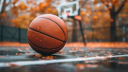 A basketball is sitting on a wet court with leaves scattered around it