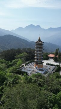 Aerial view of Pa Cien Pagoda with Ita thao pier background in Nantou