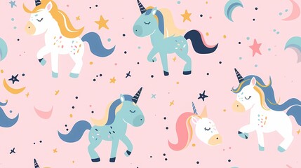 Colorful unicorn pattern with stars and moons on a pink background