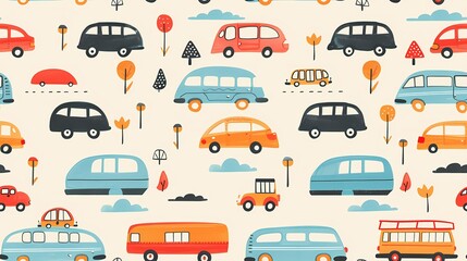 Colorful vintage cars and buses in a whimsical pattern
