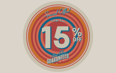 UP TO 15% OFF DISCOUNT EMBLEM STAMP VECTOR ILLUSTRATION
