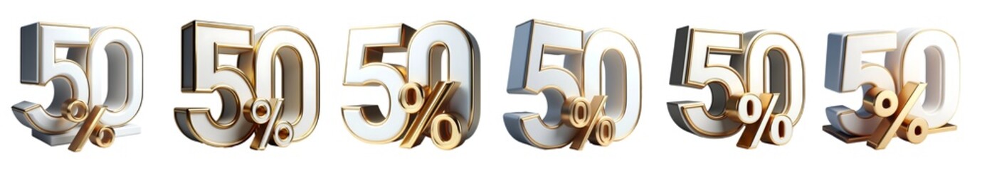 3d White and Gold text, 50% off isolated on white and transparent background. 50 percent discount or offer. Sales concept.