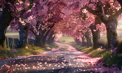 A serene pathway under pink cherry blossoms in a tranquil setting. Generate AI