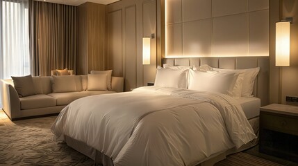 A cozy Scandinavian-style bedroom featuring minimalist design, with a comfortable king-sized bed, soft linen bedding in neutral tones, and gentle lighting from sleek hanging lamps