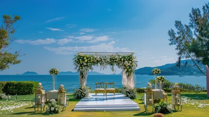 An idyllic seaside setting with a sophisticated wedding arch, showcasing nature's beauty and marital bliss